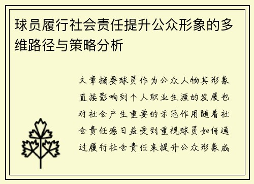 球员履行社会责任提升公众形象的多维路径与策略分析